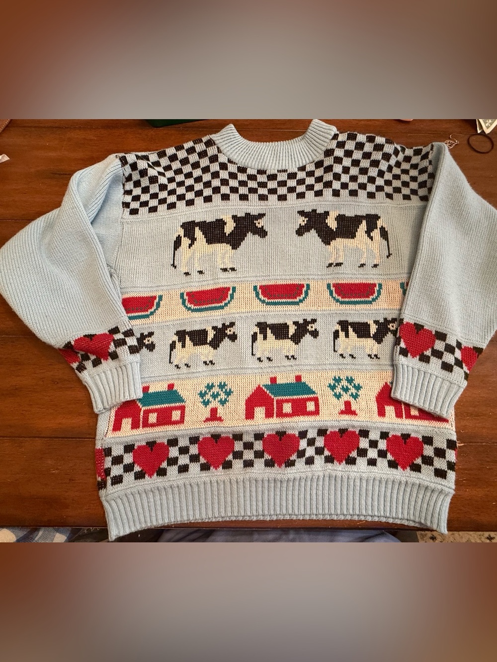 Vintage Adele Knitwear Sweater Womens blue Grannycore cow farm  80's L-XL
